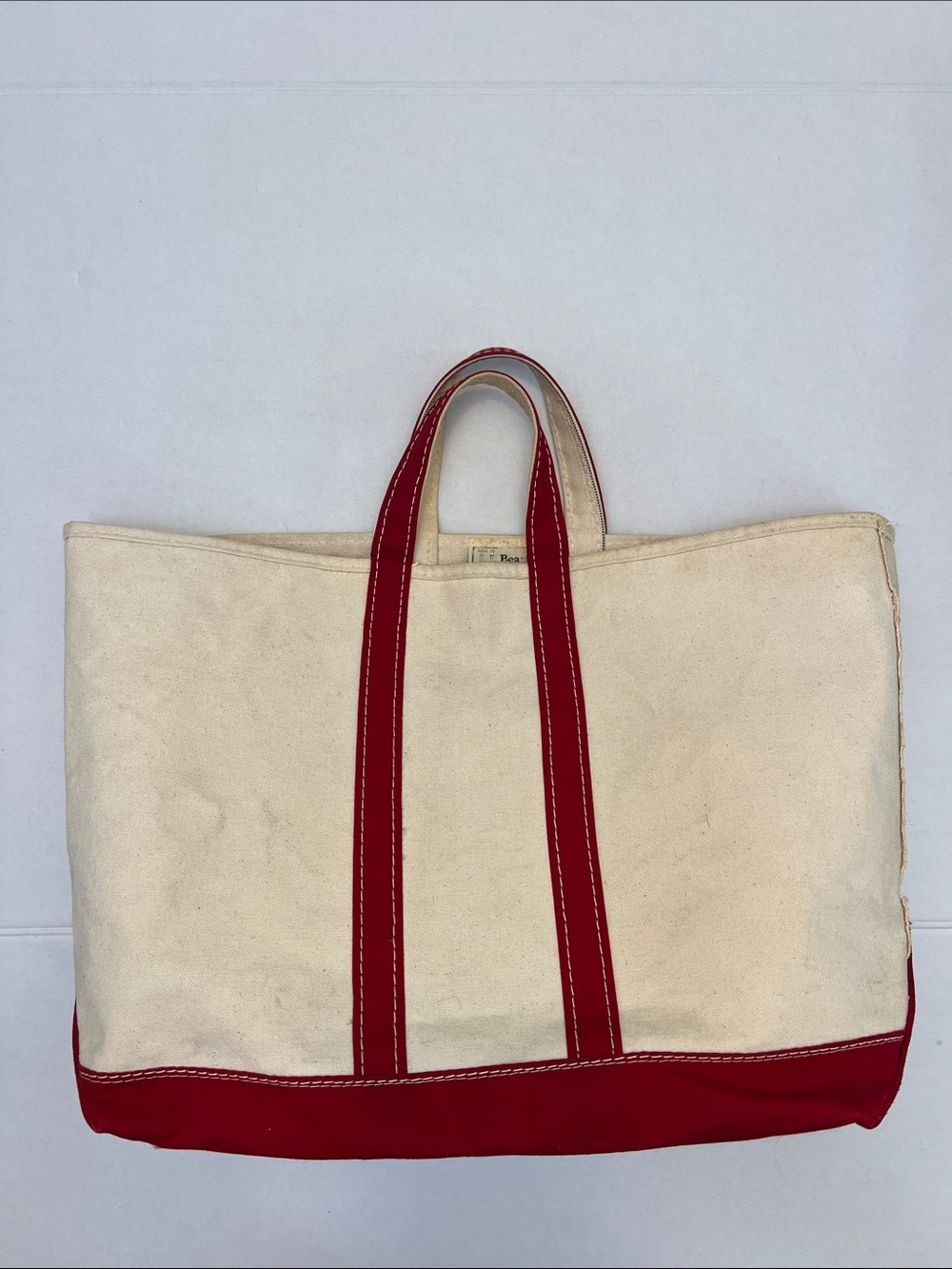 RARE 1970’s VINTAGE RETRO L.L.BEAN CREAM CANVAS TOTE WITH RED TRIM & BOTTOM - Picture 4 of 16